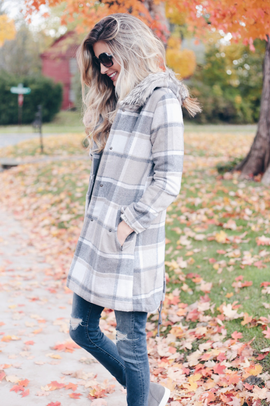 statement fall outerwear - plaid fur trim hooded coat on pinteresting plans connecticut fashion blog