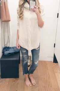 veteran's day weekend sale round up 2018 women's cable knit chunky turtleneck sweater and distressed ankle jeans
