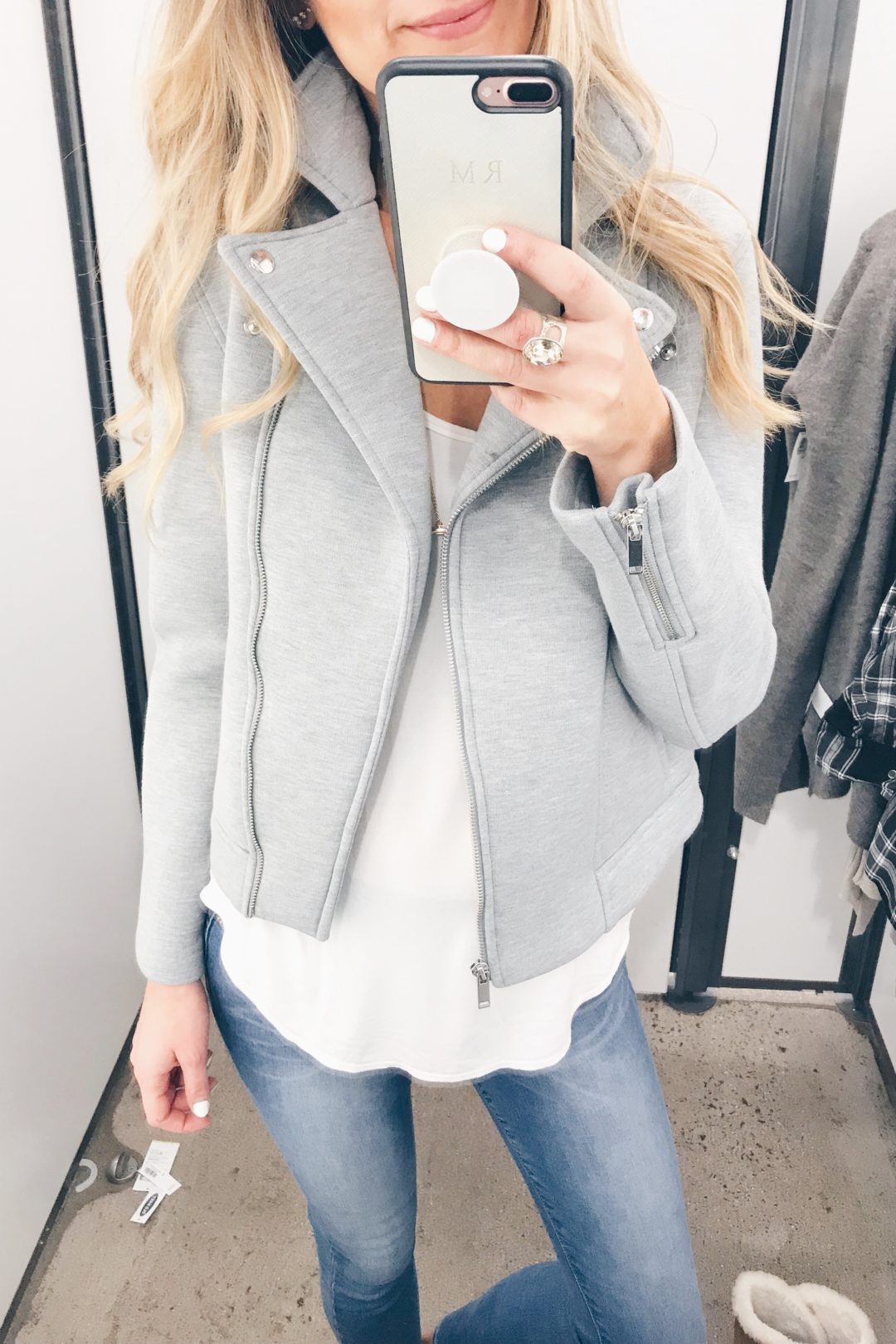 old navy friends and family sale try on - gray moto jacket