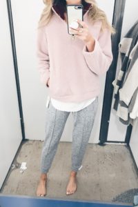 old navy friends and family sale try on - pink sherpa pullover and gray joggers