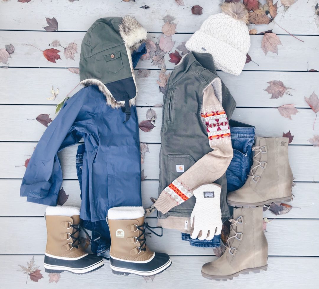 fall layers for the family - flatlay of mother son outdoor outfits on pinteresting plans blog