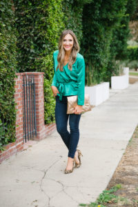 gibson glam collection holiday outfit ideas - green faux wrap top