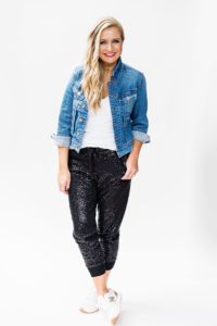 gibson glam holiday outfit ideas - the "Ashley" sequin joggers in black