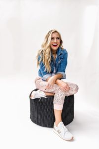 gibson glam holiday outfit ideas - the "Ashley" sequin joggers in blush