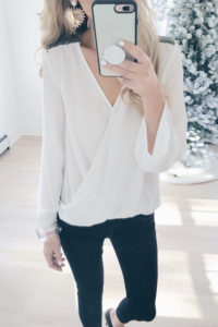holiday outfit ideas - embellished shoulder top from gibson glam collection on pinteresting plans blog