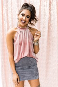 holiday outfit ideas from the gibson glam collection - the "dede" bow back velvet halter top in blush