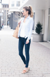spring transition outfit with denim leggings on pinteresting plans connecticut fashion blog