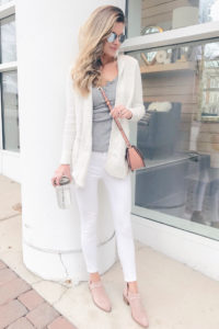 spring transition outfits - white skinny jeans with pink booties on pinteresting plans fashion blog