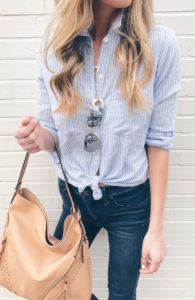 spring transition outfits with denim - striped button down shirt on pinteresting plans blog