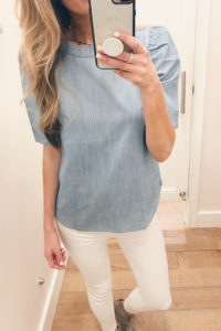 puff sleeve chambray top on Pinteresting Plans Connecticut fashion blog