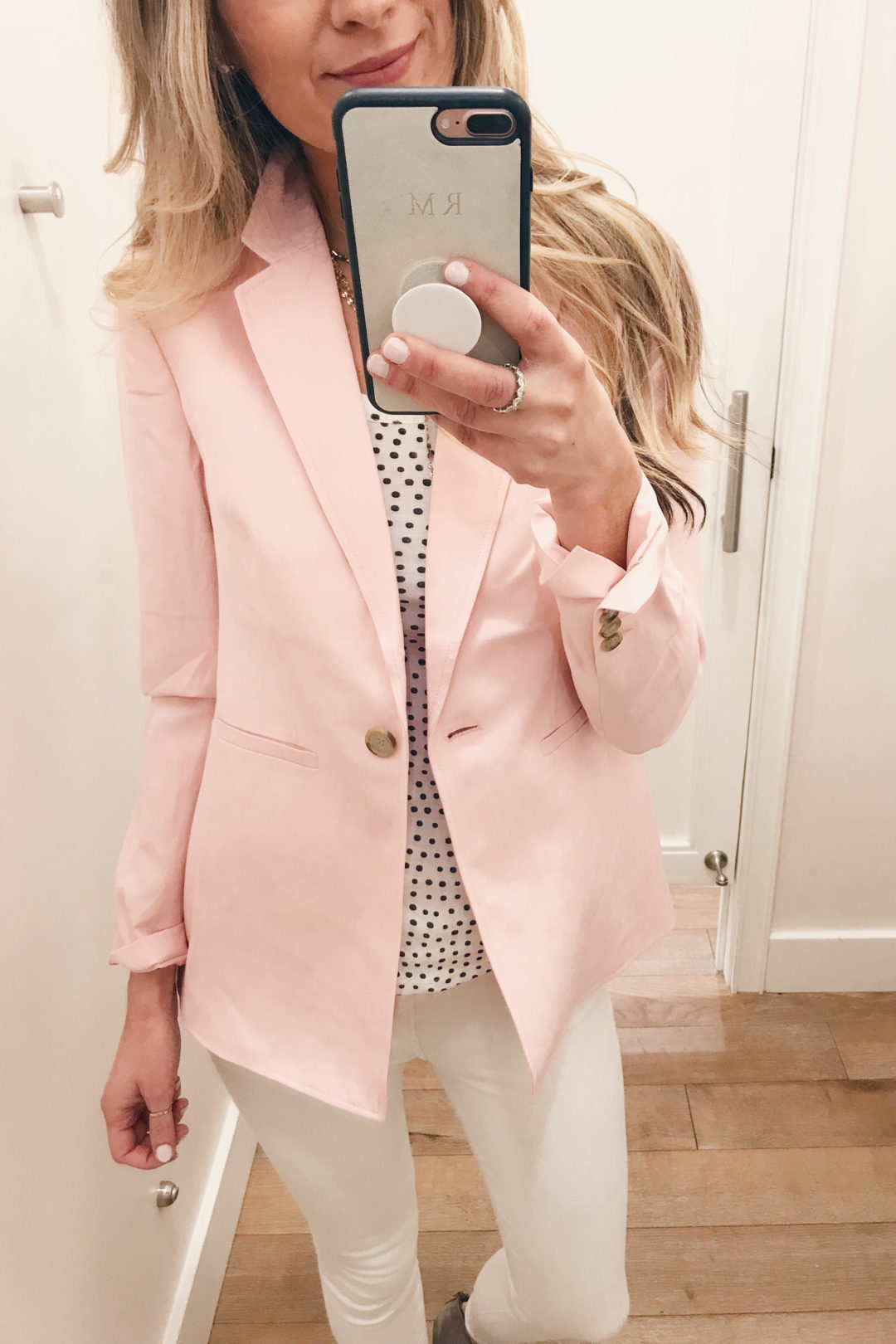 spring outfit ideas - pink blazer over polka dot tank on Pinteresting Plans connecticut fashion blog