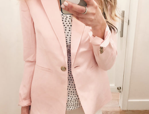 spring outfit ideas - pink blazer over polka dot tank on Pinteresting Plans connecticut fashion blog