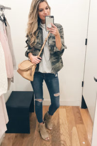 Pinteresting Plans blog - spring outfit with camo jacket and peep toe booties