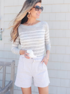spring travel outfits 2019 - striped wide neck sweater with belted linen shorts on connecticut fashion blogger rachel moore