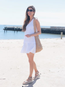 spring travel outfits 2019 - white eyelet summer dress and straw bag on blogger pinteresting plans
