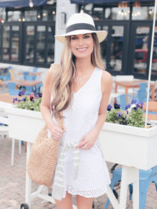 spring travel outfit - eyelet dress with straw crossbody bag on pinteresting plans blog