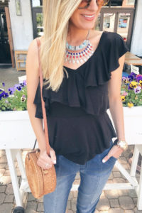 date night outfit ides with statement necklace and denim joggers on pinteresting plans fashion blog
