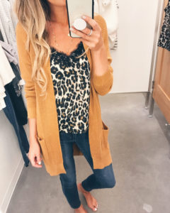 nordstrom anniversary sale 2019 try on - leopard cami under caramel colored cardigan - pinteresting plans fashion blog