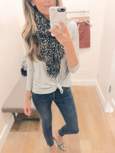 fashion blogger wearing loft knot front long sleeve top