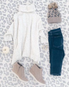 cute fall outfits - white sweater poncho and wedge sneakers outfit with Victoria Emerson wrap bracelet and leopard beanie
