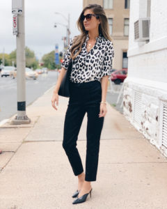 Fashion blogger wearing express office attire crocodile texture black heeled mules
