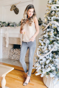 gibson glam holiday champagne sequin v-neck tank with grey skinny jeans and sam edelman leopard strap sandals