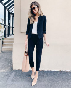 bp white lace cami with black blazer and joggers workwear outfit