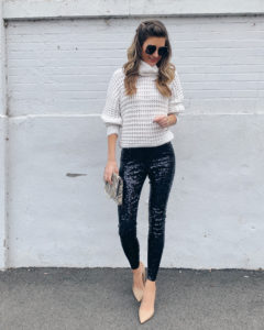Express cream oversized cow neck knit dolman sweater with black sequin high waisted leggings and nude high heel sandals