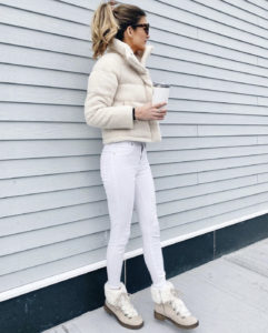 abercrombie cream sherpa mini fleece puffer jacket with white skinny jeans and fur lace up boots