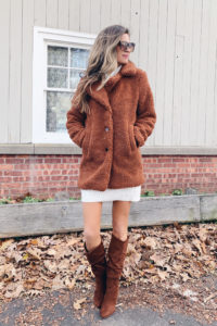 affordable walmart rust collared long teddy jacket with sweter dress and tall brown boots for fall winter