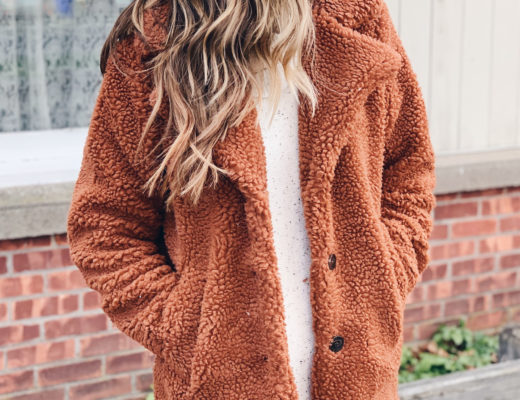 rust collared long teddy coat with with sweater dress fall winter outerwear
