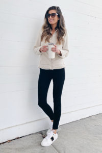 oatmeal heather sweater fleece sherpa lined hooded zip up jacket with black leggings and white leopard sneakers