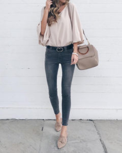 Amazon prime khaki tan V Neck Chiffon Balloon Sleeve top with grey skinny jeans