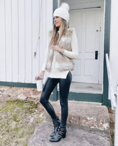 amazon prime faux fur vest with black faux leather leggings and steve madden hattie booties