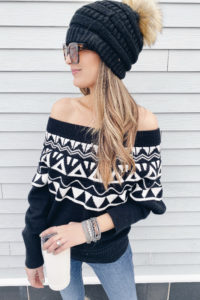 Express fair isle off the shoulder banded tunic sweater with Victoria Emerson Mendoza boho cuff bracelet