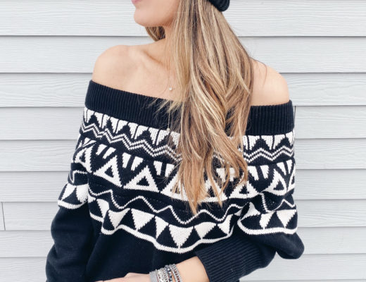 Express fair isle off the shoulder banded tunic sweater with Victoria Emerson Mendoza boho cuff bracelet