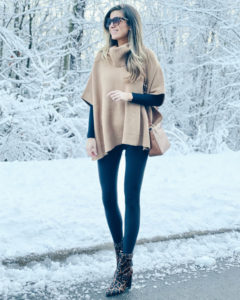 seasonal clothing budget - leopard pointy toe booties on sale paired with cowl neck camel poncho