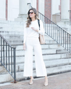 Ann Taylor white balloon sleeve sweater with white tall tuxedo wide leg marina pants and nude pumps - spring work outfit