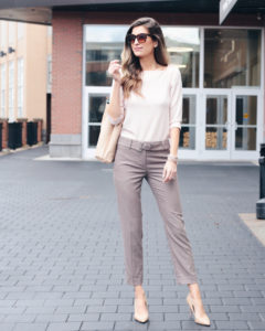 Ann Taylor blush pink blouse with marled belted ankle pants - transitional spring work outfit ideas on Pinteresting plans blog