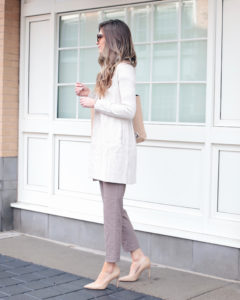 Ann Taylor white houndstooth belted coatigan with marled belted ankle pants - spring work outfit ideas on Pinteresting plans blog