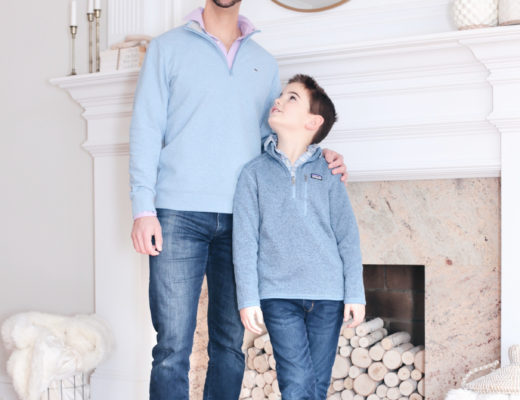 Father son matching outfits - nordstrom 1/4 zip sweater with button up shirt straight leg jeans and casual loafers
