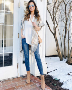how to wear light layers in spring - sole society plaid short sleeve kimono with simeona walnut block heel bootie