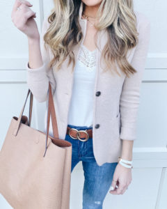 Loft white lace trim cami with oatmeal j crew sweater blazer and amazon democracy skinny jeans and Victoria Emerson wrap bracelet