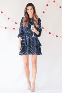 Valentine’s Day outfit ideas navy flounce long sleeve ruffle polka dot dress