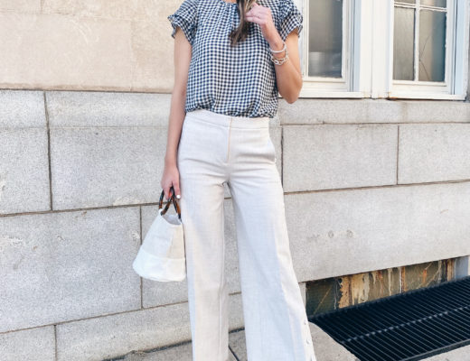 Ann Taylor navy and white gingham pleated flutter sleeve top with cream wide leg crop pants