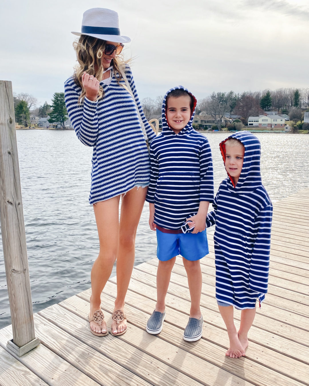 mommy and beach outfit - kids stripe towelling coverup and women’s navy slouchy striped hooded cover-up
