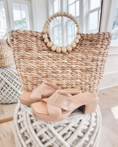 spring 2022 trends - woven tote bag and jeffrey campbell bubblegum platform sandals