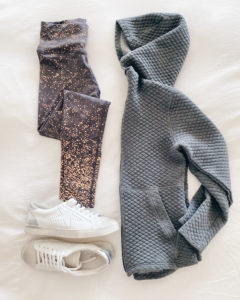 spring athleisure outfit - metallic workout leggings