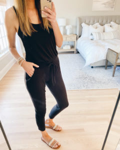 affordable black sleeveless tie front jumpsuit with steve madden lindy rhinestone studded sandals