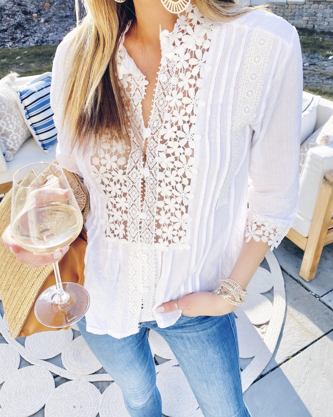 White lace floral crochet top from amazon with express button fly jeans and Victoria Emerson wrap bracelet